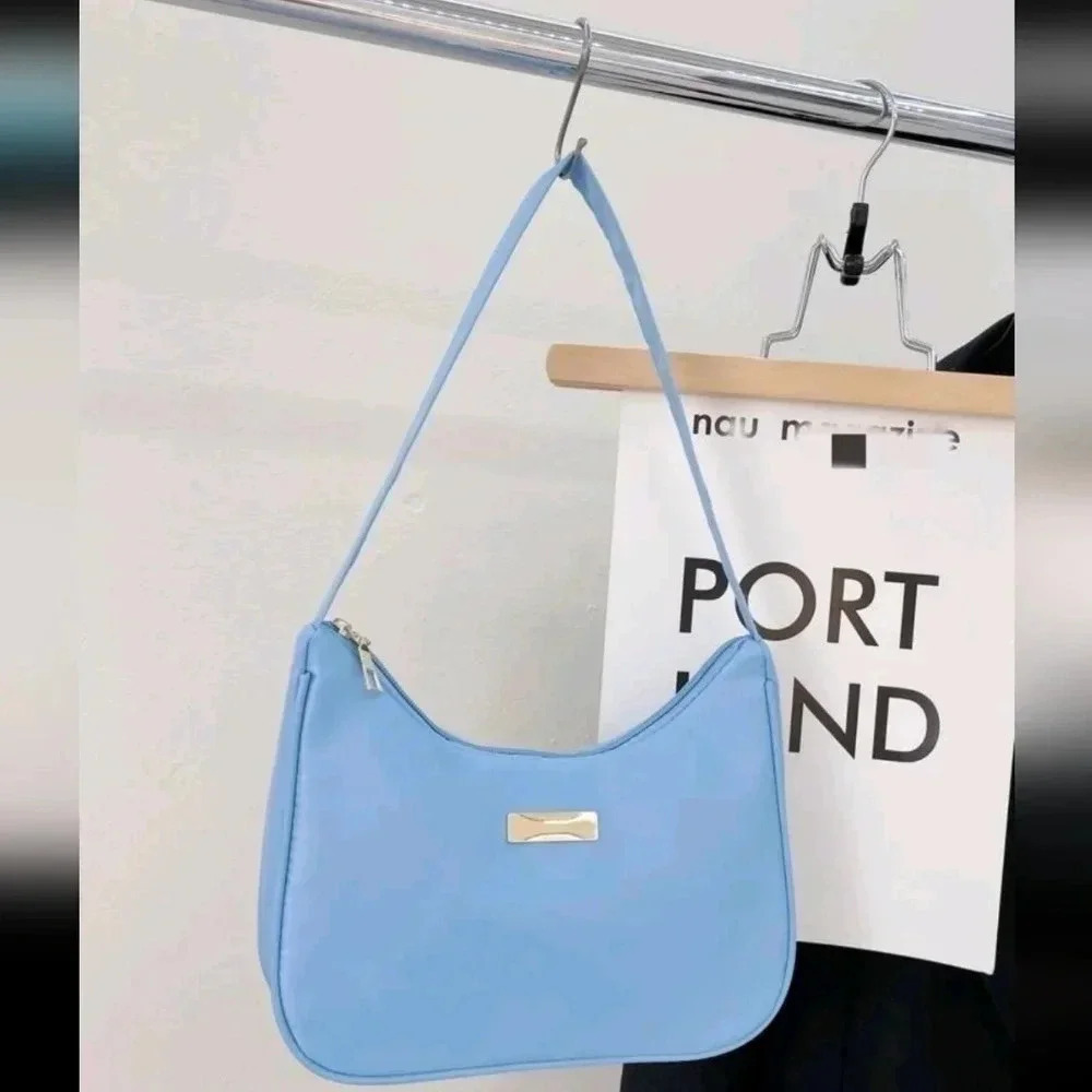 Baby blue zippered shoulder bag strap silver aqua purse satchel womens girls - Picture 3 of 6